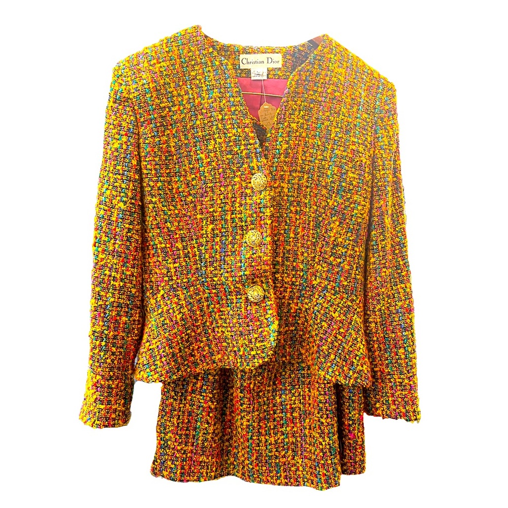 "Timeless Elegance: Vintage Christian Dior Yellow Tweed Skirt Suit | Size 10"